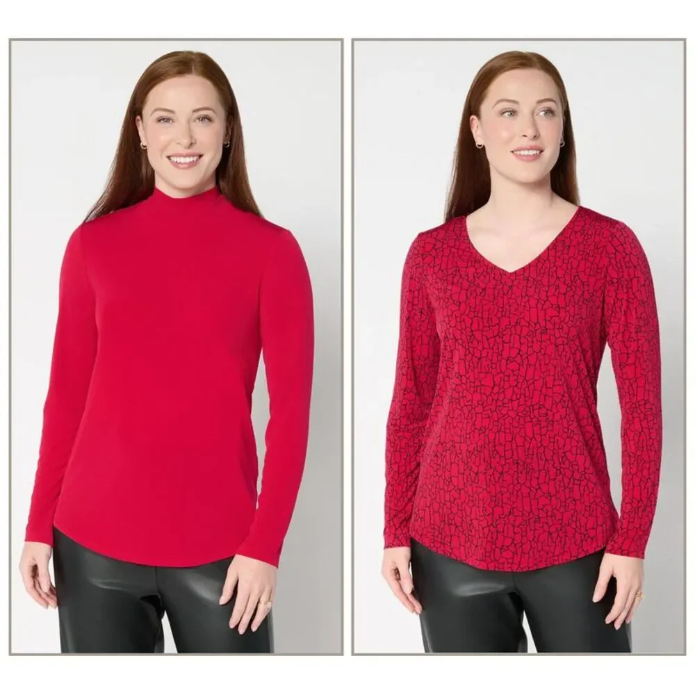 Susan Graver Women's Top Plus Sz 1X Print Solid Liquid Knit Tops Red A703223